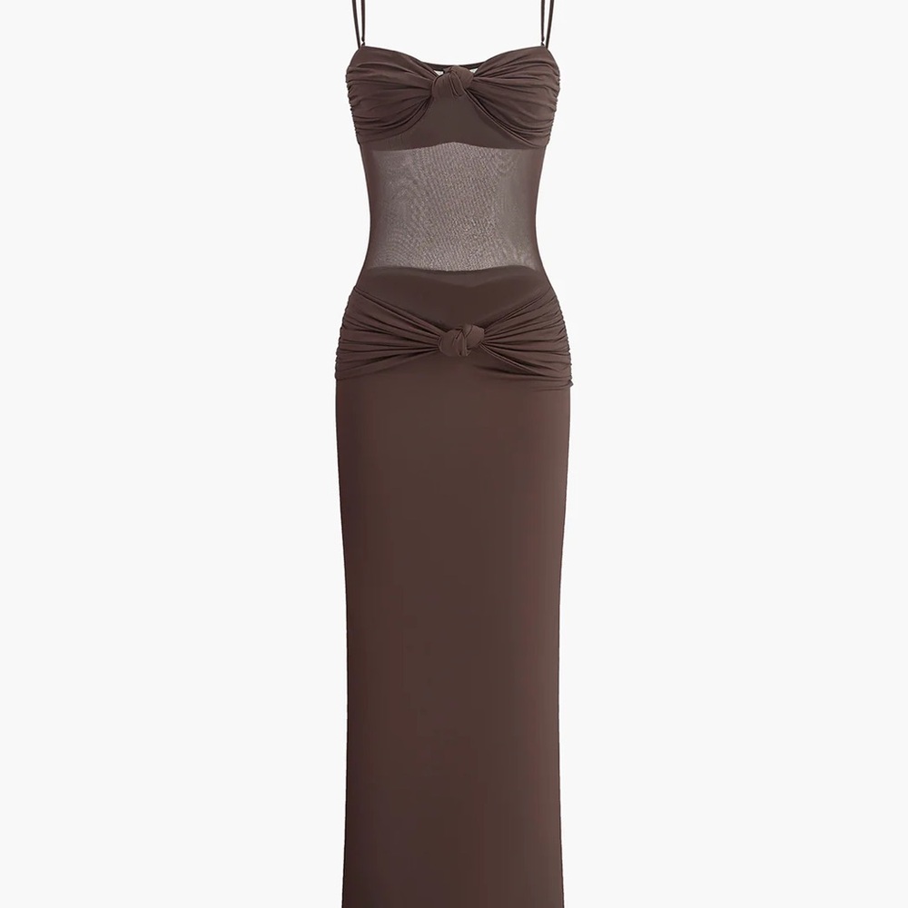 Ruched Bust Mesh Detail Knotted Dress  Brown Maxi Dress Commense size small